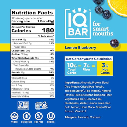 IQBAR Brain and Body Plant Protein Bars - Lemon Blueberry - 24-Count Low Carb - Gluten Free, High Fiber, Vegan Snacks - Low Sugar Meal Replacement