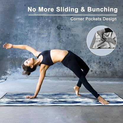 QiyI Yoga Mat Towel with Corner Pockets, Non Slip Sweat Absorbent Hot Yoga Towels, Soft Yoga Blankets with Travel Bag, Skidless Mat Cover for Workout, Gym, Fitness - 70"x26", Blue White Tie Dye