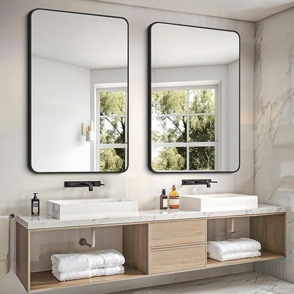 FORBATH Black Bathroom Mirror, Rectangular Vanity Mirror 30 x 48 Inch Wall Rounded Corner Metal Framed Bathroom Mirror for Living Room Bedroom Entryway Decor (Horizontal/Vertical)