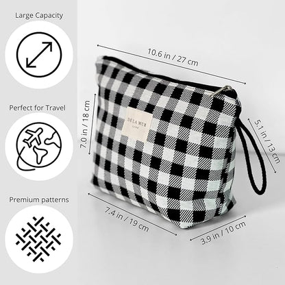 Large Checkered Travel Makeup Bag for Women – Black & White Cosmetic Organizer for Toiletries, Skincare & Beauty – Durable Travel Size Toiletry Pouch – Made in Barcelona, Spain
