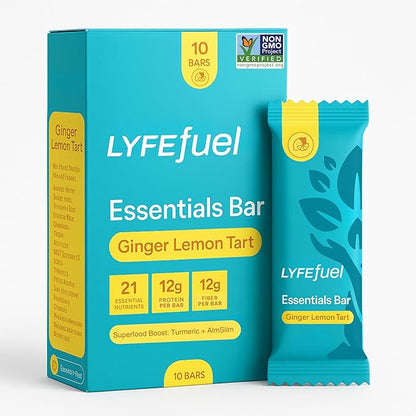 Essential Nutrition Bars by LyfeFuel | Vegan Protein Bar & Low Carb Meal Replacement for Intermittent Fasting and Hunger Control | 12g Plant-Based Protein, High Fiber, MCT Oil and 21 Organic Vitamins | No Sugar Alcohols (Lemon Ginger Tart)