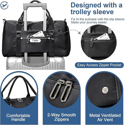 FIORETTO Womens Gym Tote Duffle Bag with Wet Pocket & Shoe Compartment, Sports Duffel Overnight Weekender Hospital Workout Carry on Bag for Girls, Ideal for Travel, Swimming, Dance, Ballet Black