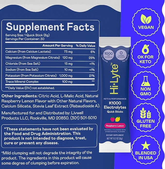 Hi-Lyte Keto & Performance - K1000 Electrolyte Quick Sticks - Raspberry Lemon - 1000mg Potassium, Magnesium, Calcium - Single-Serve Packets for Keto Hydration Support - No Sugar, No Carbs