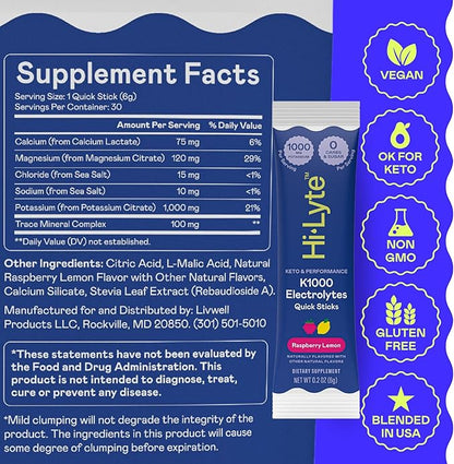 Hi-Lyte Keto & Performance - K1000 Electrolyte Quick Sticks - Raspberry Lemon - 1000mg Potassium, Magnesium, Calcium - Single-Serve Packets for Keto Hydration Support - No Sugar, No Carbs