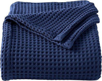 100% Cotton Waffle Weave Bed Blanket | Soft, Breathable, and Lightweight Blanket for All-Season | Perfect for Layering | Brielle Collection (King, Navy)