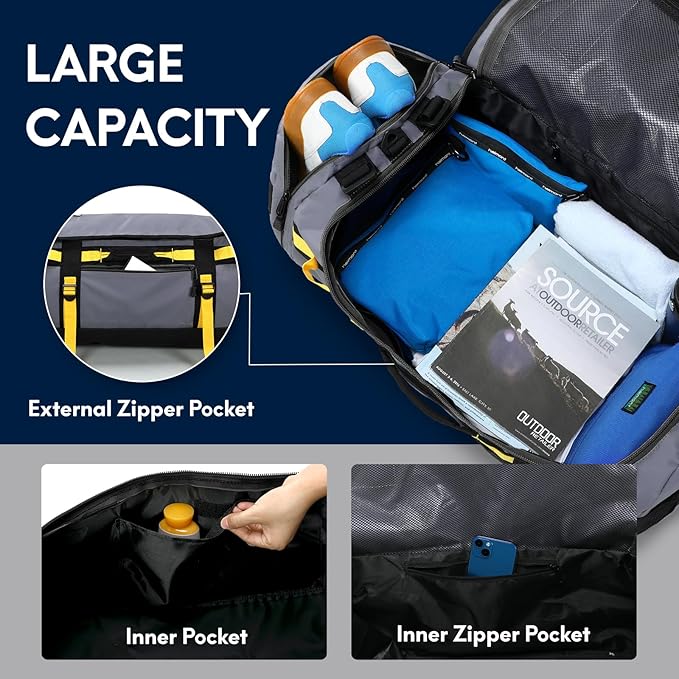 Haimont Large Duffle Bag Backpack for Travel, Men Women Duffel Backpack Bags with Shoes Compartment for Camping, Traveling, Sports, Trip, Water-resistant, 60L Grey