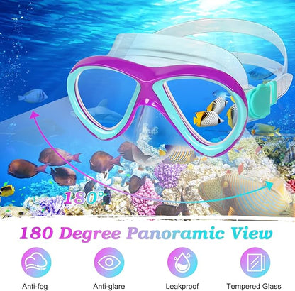 Kids Mask Fins Snorkel Set, Dry Top Snorkeling Gear for Kids Youth Boys Girls Junior Age 5-15 Tempered Glass Snorkel Mask Set Panoramic View Snorkeling Packages
