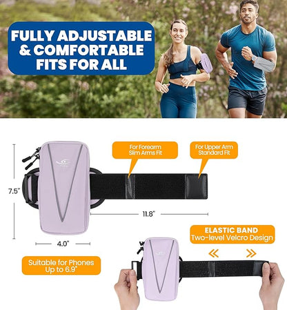 HiRui Cell Phone Holder Arm Bag & Wrist Bag for Phone, Sports Running Armband for Gym & Cycling, Compatible with iPhone 16/16Pro/Plus/15/14 Samsung Galaxy All Phones, Reflective & Adjustable (Purple)