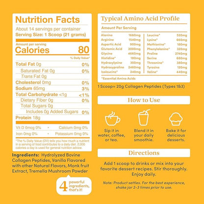 Further Food Vanilla Collagen Peptides Powder, Grass-Fed Pasture-Raised Hydrolyzed Type 1 & 3 Protein, Gut Health + Joint, Hair, Skin, Nails, Paleo Keto Sugar-Free 10.37 oz