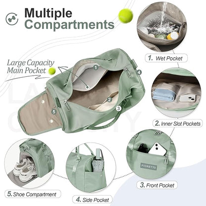 FIORETTO Womens Gym Tote Duffle Bag with Wet Pocket & Shoe Compartment, Sports Duffel Overnight Weekender Hospital Workout Carry on Bag for Girls, Ideal for Travel, Swimming, Dance, Ballet Celadon