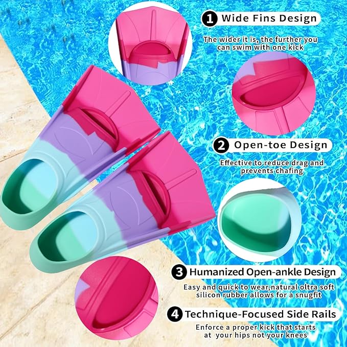 Kids Swim Fins,Short Comfortable Flippers for Lap Swimming and Training for Child,Girls,Boys,Beginners