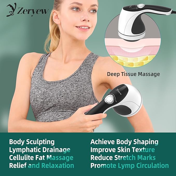 Handheld Cellulite Massager, Body Sculpting Machine, Cellulite Massager Electric Tool, Lymphatic Massage Roller with 8 Rotating Heads & 2 Mesh Caps for Body Shaping & Lymphatic Drainage