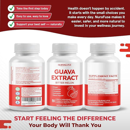 Guava Extract & Bitter Melon – Rich in Antioxidants, Supports Healthy Metabolism & Digestive Health – with Ginger, Artichoke, Cinnamon, Gymnema & Black Pepper – 150 Capsules
