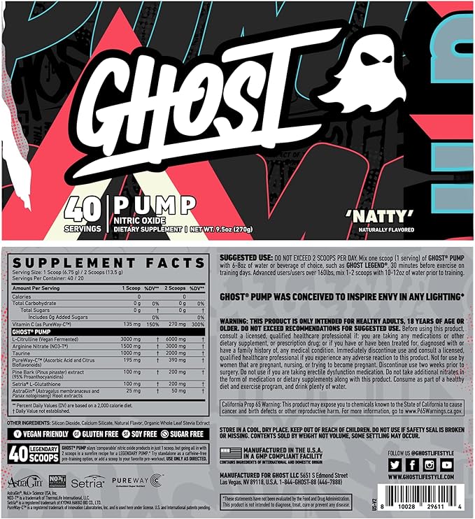 GHOST Pump Nitric Oxide Powder, Natty - 40 Servings - Sugar & Stim-Free Pre-Workout Supplements - L-Citrulline, Arginine Nitrate & L-Glutathione - Soy & Gluten-Free, Vegan