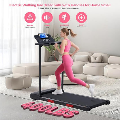 Foldable Folding Walking Pads Treadmills for Home with Handles, 3.5HP Electric Walking Pad Treadmill with Handle Bar, 0.6-10MPH Compact Portable Home Small Treadmills for Small Spaces, 400LBS