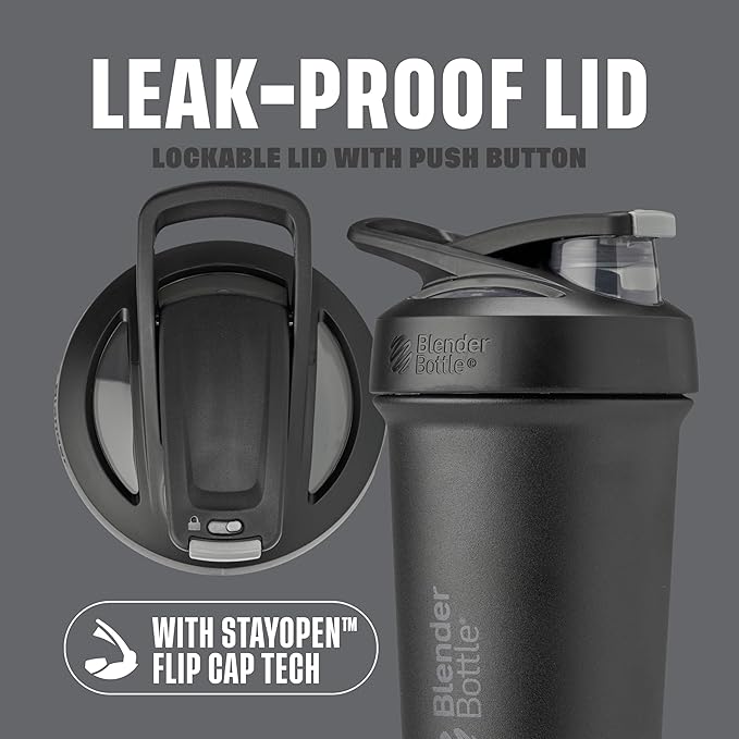 BlenderBottle Strada Sleek Shaker Cup Insulated Stainless Steel Water Bottle with Wire Whisk, 25-Ounce, Black