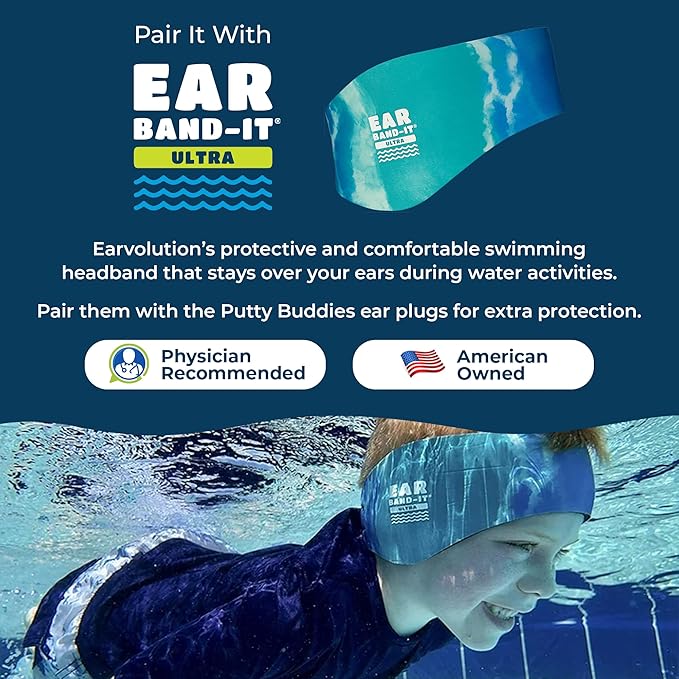 Earvolution Floating Putty Buddies Ear Plugs for Swimming - Invented by an Ear Physician - Moldable, Premium, Silicone - Floats on Water - Waterproof - Made in The USA - 3 Pack - Red/White/Blue