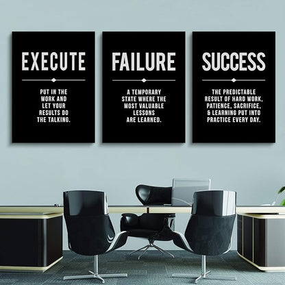 Framed Canvas Wall Art Success Quote, Office Wall Art, Black Large Poster, Positive Motivational Set of 3 Prints, Execute Failure Definition, Inspirational Print (A-3pcs,24x36inchx3pcs)