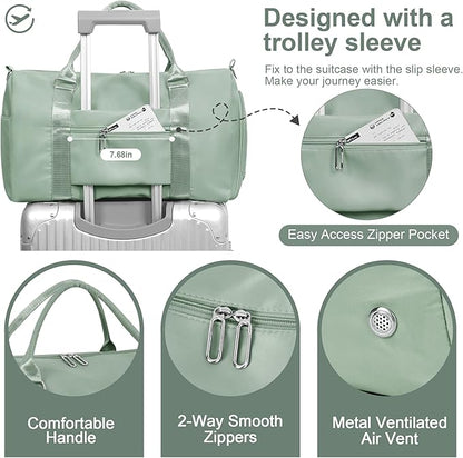 FIORETTO Womens Gym Tote Duffle Bag with Wet Pocket & Shoe Compartment, Sports Duffel Overnight Weekender Hospital Workout Carry on Bag for Girls, Ideal for Travel, Swimming, Dance, Ballet Celadon