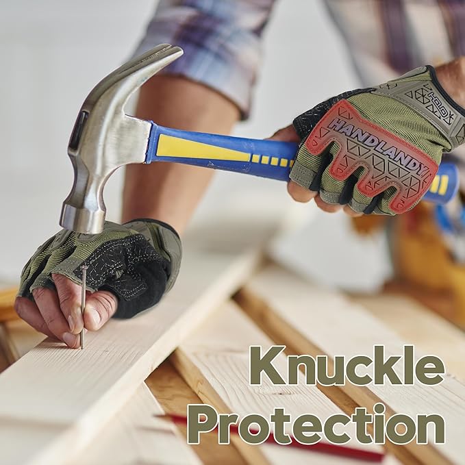 HANDLANDY Tactical Fingerless Impact Gloves for Men, Padded Grip Half Finger Work Gloves, Utility Trucker Driver Gloves (Army Green, Large (Pack of 1))