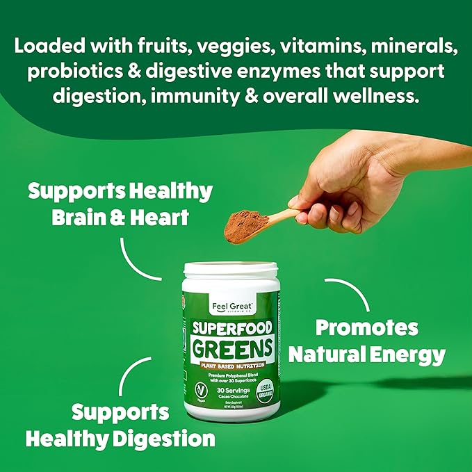 Feel Great Organic Superfood Greens Powder - Cocoa Chocolate | Fruit & Vegetable Supplement | Over 20 Greens, Fruits & Veggies, Fiber, Probiotics & Digestive Enzymes | 30 Servings