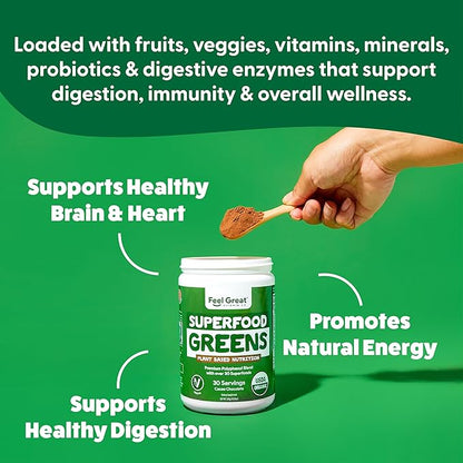 Feel Great Organic Superfood Greens Powder - Cocoa Chocolate | Fruit & Vegetable Supplement | Over 20 Greens, Fruits & Veggies, Fiber, Probiotics & Digestive Enzymes | 30 Servings