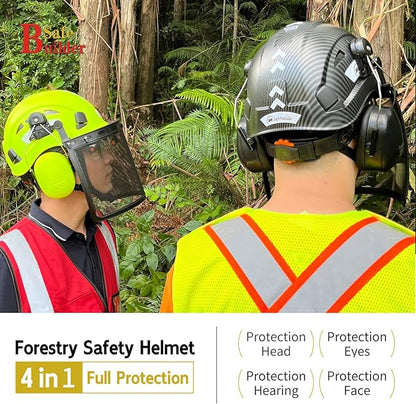 Forestry Safety Helmet with Build-in Visor Mesh Face Shield Ear Muffs 4 in 1 Chainsaw Safety Hard Hats