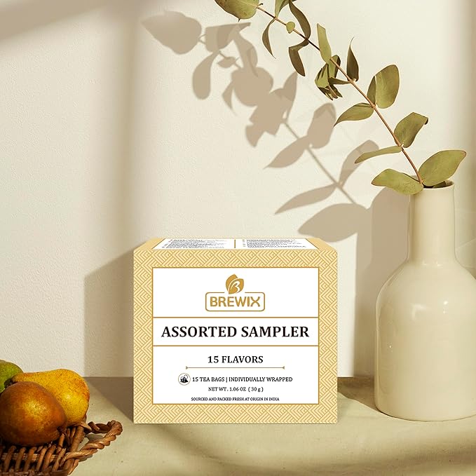 BREWIX Premium Assorted Tea Sampler Gift Box (15 Pyramid Individually Wrapped Tea Bags) | Herbal Tea, Black Tea, Green Tea | Tea Gift Set & Variety Pack | Gifts for Women & Men, Tea Set