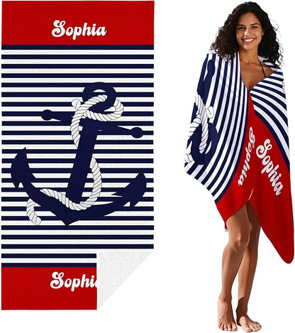 JML Personalized Beach Towel with Name, Custom Anchor Beach Towel, Customized Microfiber Pool Towel, Quick Dry & Absorbent Swim Towel for Adult,Anniversary, Birthday, Summer Holiday,Vacation