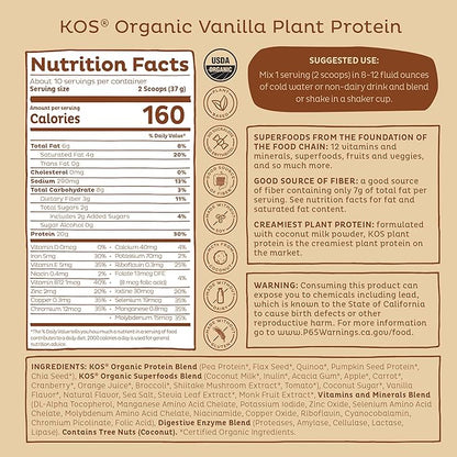 KOS Plant Based Protein Powder, Vanilla USDA Organic - Low Carb Pea Protein Blend, Vegan Superfood Rich in Vitamins & Minerals - Keto, Soy, Dairy Free - Meal Replacement for Women & Men - 10 Servings