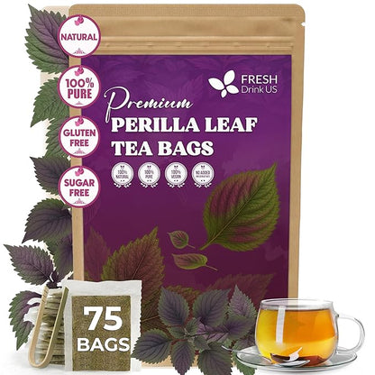 FreshDrinkUS, Premium Perilla Leaf Tea – 75 Tea Bags | 100% Pure Perilla Leaves | Caffeine-Free, Non-GMO, Natural Packaging | Herbal Tea Bags for Daily Enjoyment. Gluten-Free. Sugar-Free. Vegan