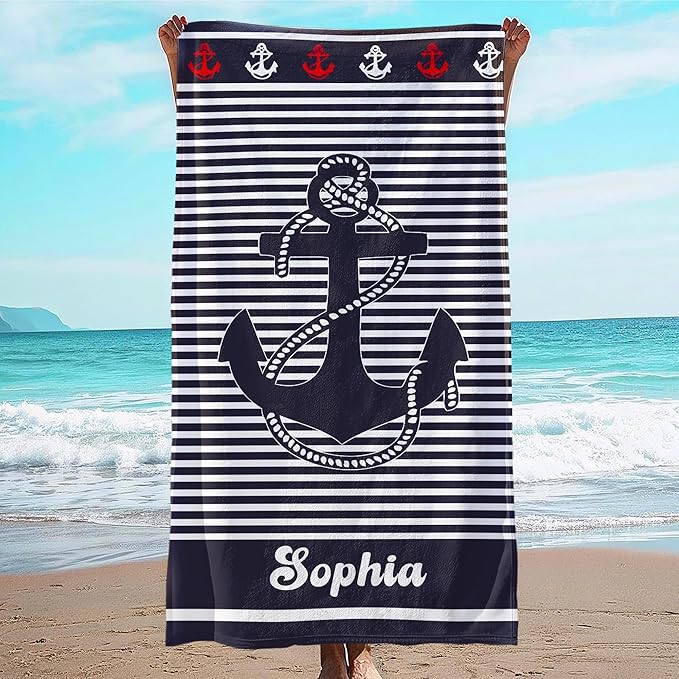 JML Personalized Beach Towel with Name, Custom Anchor Beach Towel, Customized Microfiber Pool Towel, Quick Dry & Absorbent Swim Towel for Adult,Anniversary, Birthday, Summer Holiday,Vacation