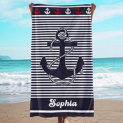 JML Personalized Beach Towel with Name, Custom Anchor Beach Towel, Customized Microfiber Pool Towel, Quick Dry & Absorbent Swim Towel for Adult,Anniversary, Birthday, Summer Holiday,Vacation