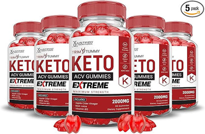 Justified Laboratories (5 Pack Trim Tummy Keto ACV Gummies Extreme 2000MG Trim Tummy Keto Gummies Apple Cider Vinegar Formulated with Pomegranate Beet Juice Powder B12 Vegan Non GMO 300 Gummys