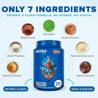 Falcon Vegan Protein Powder Organic, Stevia & Sugar Free, Plant Based Protein, Low Carb, Dairy Free, Keto, Non Whey Protein, Probiotic, Pea Protein | Chocolate Flavor - 37 Servings - 2.64lb