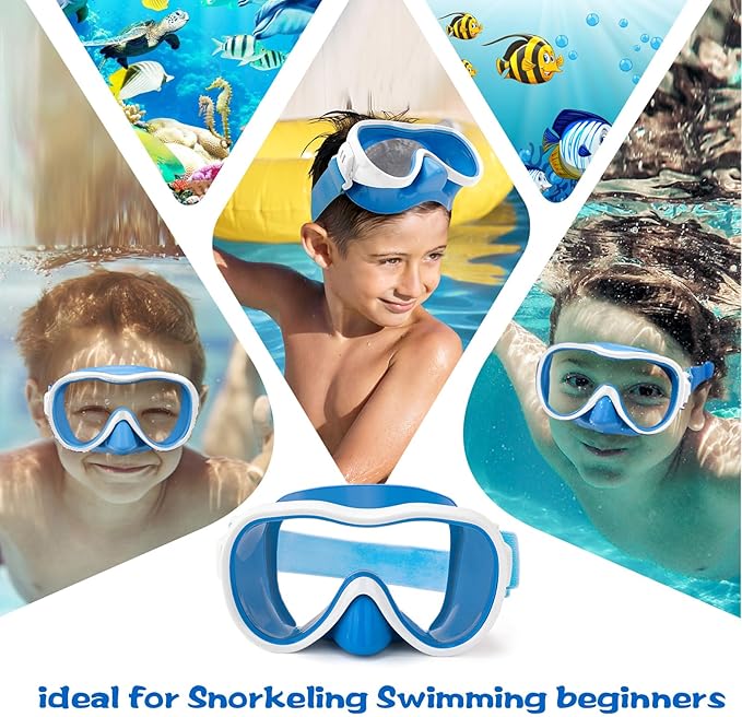 Kids Swim Goggles 180° Snorkel Diving Mask with Nose Cover, Anti-Fog Kids Swimming Goggles with Elastic Fabric Strap for Kids Boys Girls