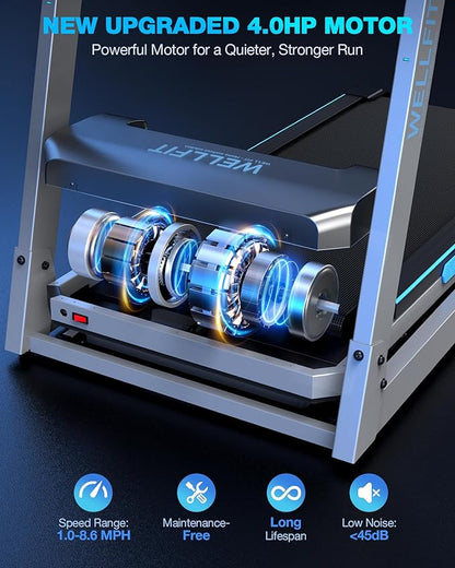 WELLFIT Auto Incline Folding Treadmill - 10% Incline Desk Walking Pad Treadmill with Handlebar, 400 lbs Heavy-Duty Capacity, Space-Saving Quiet Under-Desk Design for Home Office, Seniors & Fitness