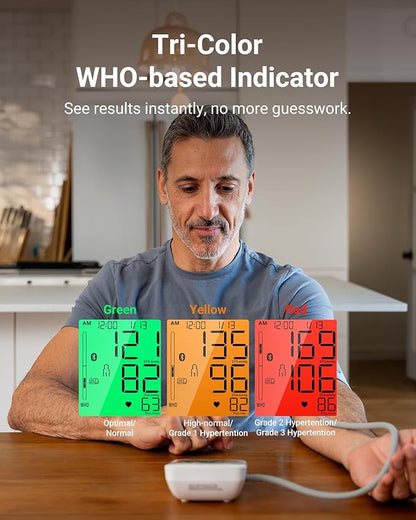 iHealth Accu Luminate Arm Blood Pressure Monitor – 4.5" Large Tri-Color WHO-Based LCD, Clinically Validated Accuracy, Irregular Heartbeat Alert, Bluetooth Cloud Sync, Adjustable Large 8.6"–17" Cuff