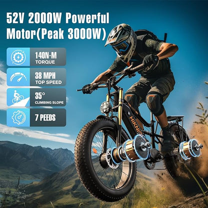 Electric Bike for Adult, 52V 20Ah Peak 3000W Dual Motor 26" Fat Tire Ebike, Max 38Mph & 35-90 Miles Full Suspension, Mountain E Bicycle for Men