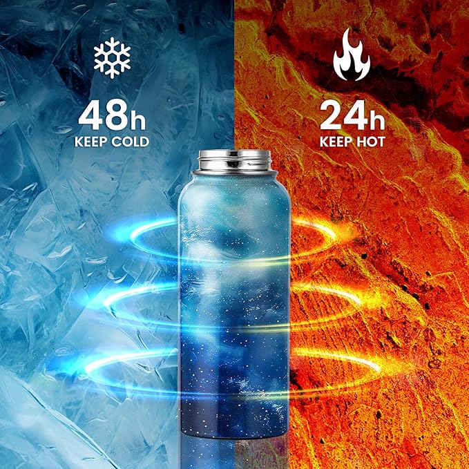 32oz Insulated Water Bottle, Triple Wall Vacuum Stainless Steel Water Bottles - Keeps Cold 48H, Reusable 1/4 Gallon water flask Jug for Gym, Sports, Camping, Hiking,Travel, Starlight Blue