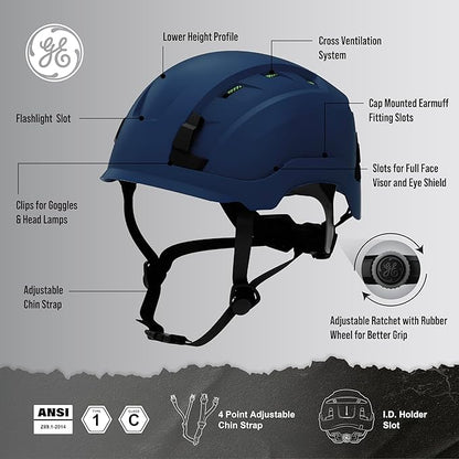 GE Safety Helmet, Impact Absorbing Tech, Adjustable Ratchet, ANSI Type 1, Memory Foam Padding, Hard Hats Protection, Lightweight, Durable, Chin Strap, Comfortable Fit OSHA Approved