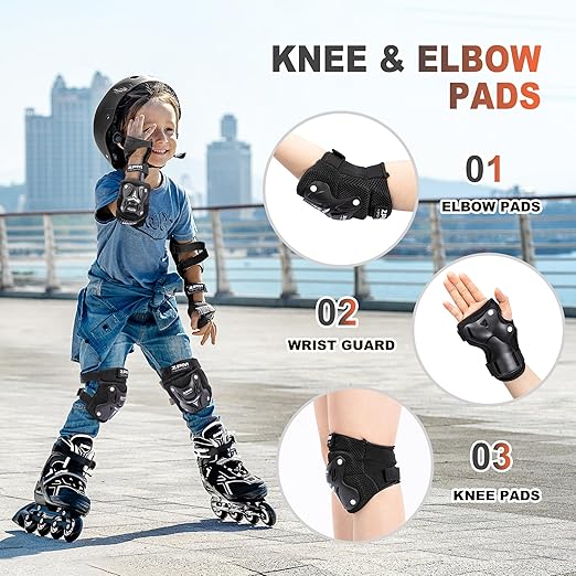 2PM SPORTS Knee Pads for Kids, Wrist Guards Knee and Elbow Pads Set with Drawstring Bag, Protective Gear Set for Girls Boys Roller Skating Cycling Skateboard - Black Small