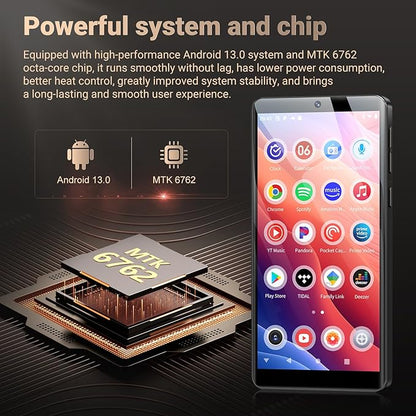 128GB MP3 Player with Bluetooth and WiFi, Android 13.0, 5.5" HD Touchscreen, 13MP Camera, Preloaded Spotify, Pandora, 1TB Expandable & Parental Controls Black