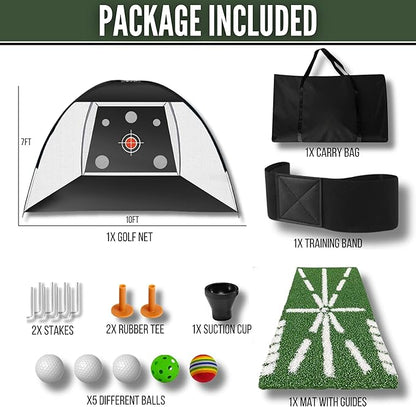 Golf Net 10x7ft – All-in-One Indoor/Outdoor Practice net with Multiple Targets, Heavy-Duty Base, tee, Balls & Bag for Driving, Chipping & Swing Training for Golf Lovers & dads.
