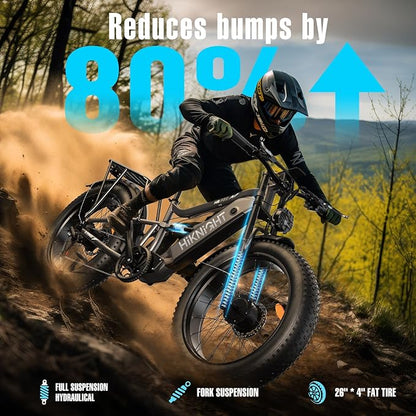 Electric Bike for Adult, 52V 20Ah Peak 3000W Dual Motor 26" Fat Tire Ebike, Max 38Mph & 35-90 Miles Full Suspension, Mountain E Bicycle for Men