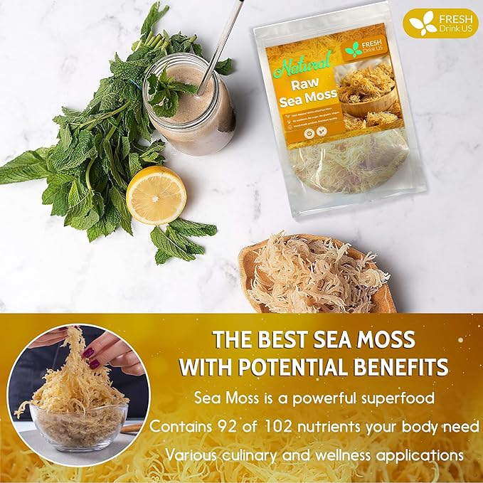 FRESHDRINKUS, Premium - Natural Sea Moss, Make 42oz of Gel, Goldne Raw Sea Moss Dried, 100% Natural & Pure, Wildcrafted, Sundried, Caffeine Free, Sugar Free, Gluten Free, Vegan, Mineral Rich