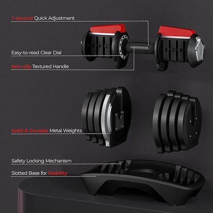 Yaheetech Adjustable Dumbbell Set 28/40/52.5/90LBS Adjustable Dumbbells Fast Adjust Dumbbell Weight Set with Anti-Slip Handle and Tray for Men/Women Home Gym Strength Training Equipment Single/Pair