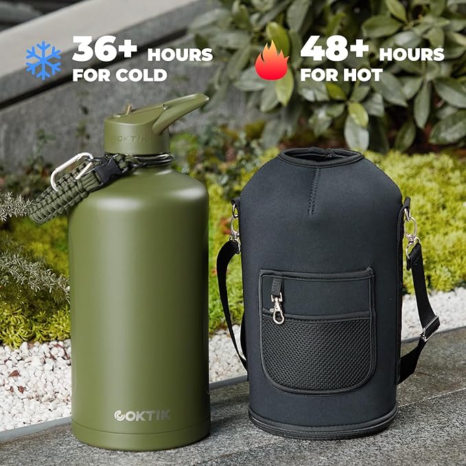 2 Pack 128 oz Insulated Water Bottle, Triple Wall Stainless Steel Flask, Keeps Drinks Cold for 48 Hrs Leak-Proof & BPA-Free Half Gallon Jug with Paracord Handle, Straw & Spout Lids(2 pack, Army Green)
