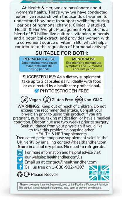 Health & Her Weight Management Probiotics for Women - Perimenopause & Menopause Supplement - Clinically Studied 50bn CFU Probiotics to Support Gut Health, Energy, Mood & Mind, Vegan (60 ct - 1 Month)