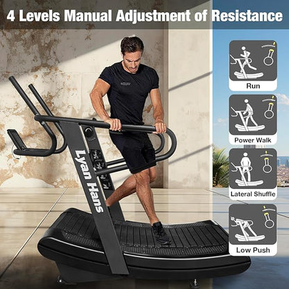 Curved Manual Treadmill, Non-Electric Curve Treadmill with 4 Resistance Levels, Self-Generated Air Runner with LCD, Commercial Motorless Treadmills for Home Gym, 450LBS Capacity, Black